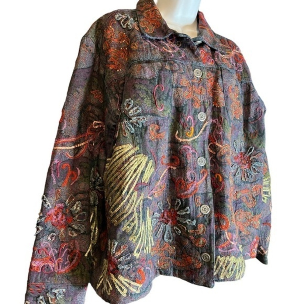 Vintage Chico’s Funky Tapestry Sequin Floral Ribbon Paisley Jacket SZ 2 BOHO